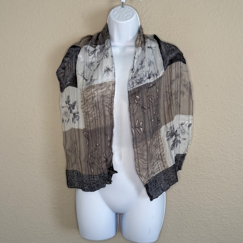 Ellen Tracy Silk Fairy Grunge Floral Patchwork Scarf 51x11‎ Cottage Boho Neutral
